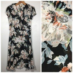 Vintage Women's Dress Dark Floral Dark Cottagecore Ruffle Neck Sheer Size Small